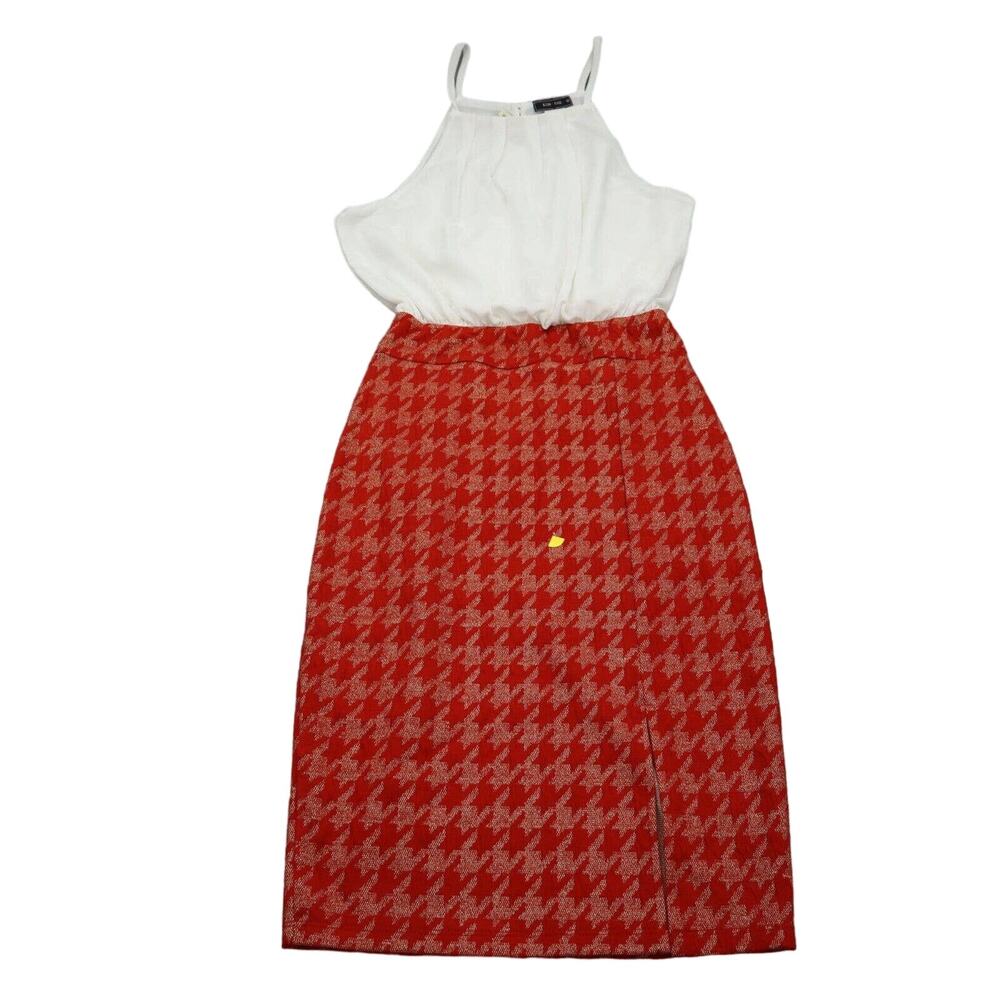KIMCINE Dress Womens M White Red Sleeveless Square Neck Houndstooth Knee Length